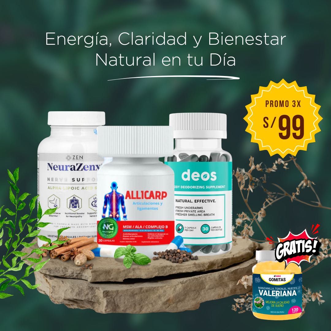SUPER PROMO ALLICARP + NEURAZENX + DEOS + GRATIS GOMITAS DE VALERIANA