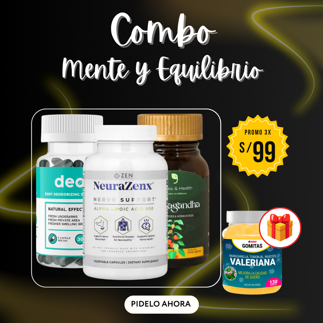 Combo Mente y Equilibrio NEURAZENX + DEOS + ASWAGANDHA + GRATIS GOMITAS DE VALERIANA
