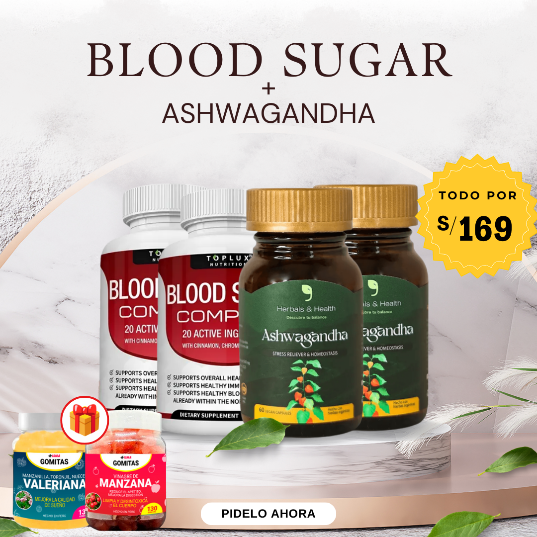 Combo Blood Sugar + Aswagandha + 2 frascos de gomitas funcionales