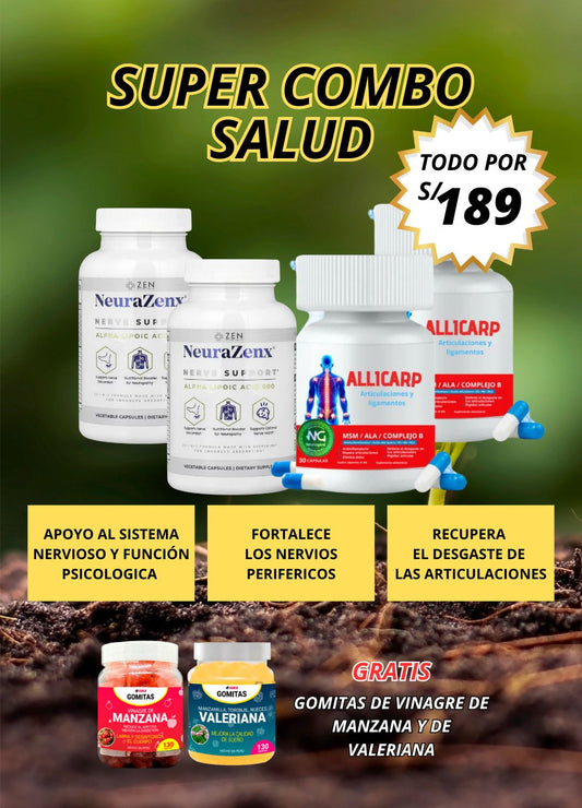 SUPER PROMO 2 ALLICARP + 2 NEURAZENX + GRATIS GOMITAS DE VALERIANA Y VINAGRE DE MANZANA