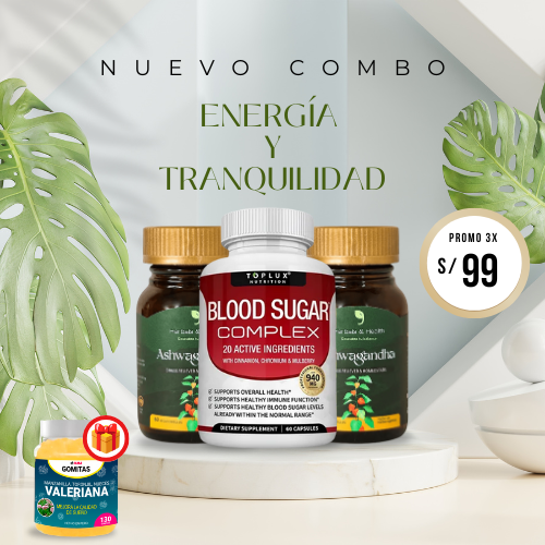 Combo Energía y tranquilidad 2 Ashwagandha + 1 Blood Sugar Complex + gomitas funcionales