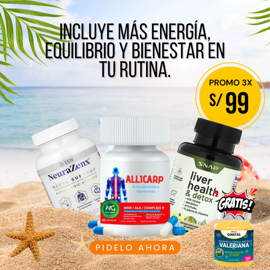 SUPER PROMO ALLICARP + NEURAZENX + LIVER HEALTH + GRATIS GOMITAS DE VALERIANA