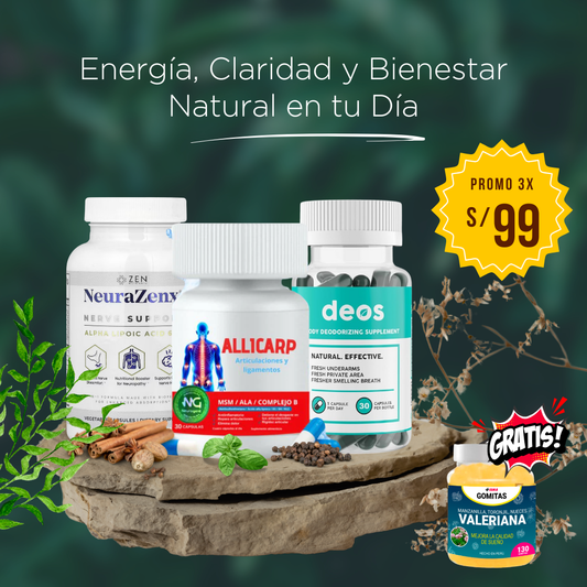 SUPER PROMO ALLICARP + NEURAZENX + DEOS + GRATIS GOMITAS DE VALERIANA